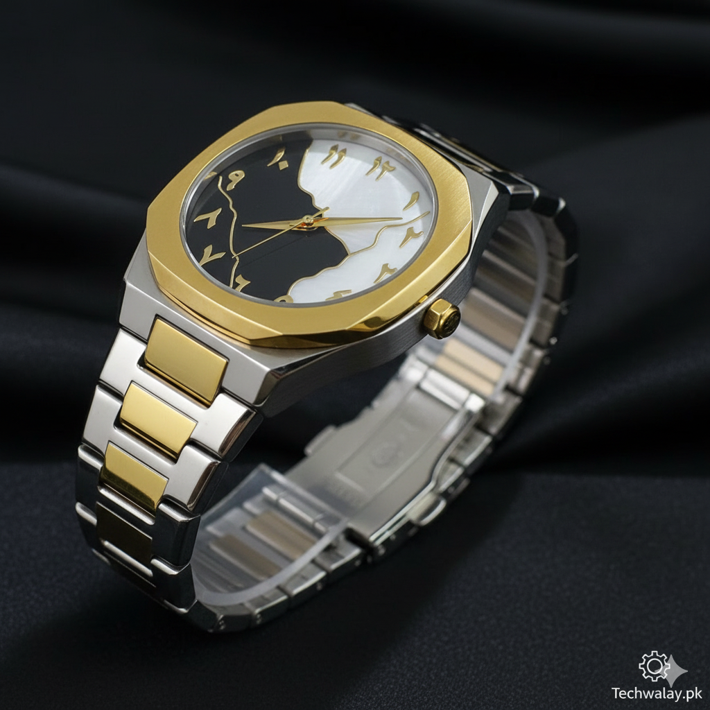 Aura Men’s Octagonal Wristwatch – Two-Tone Silver & Gold Bracelet with Eastern Arabic Numerals