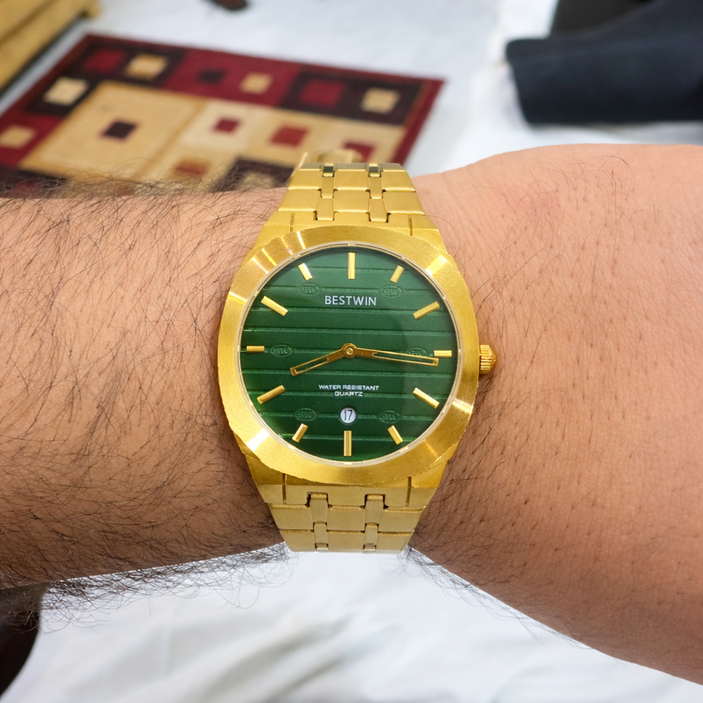 Bestwin Men’s Gold Stainless Steel Watch – Green Dial Quartz Timepiece