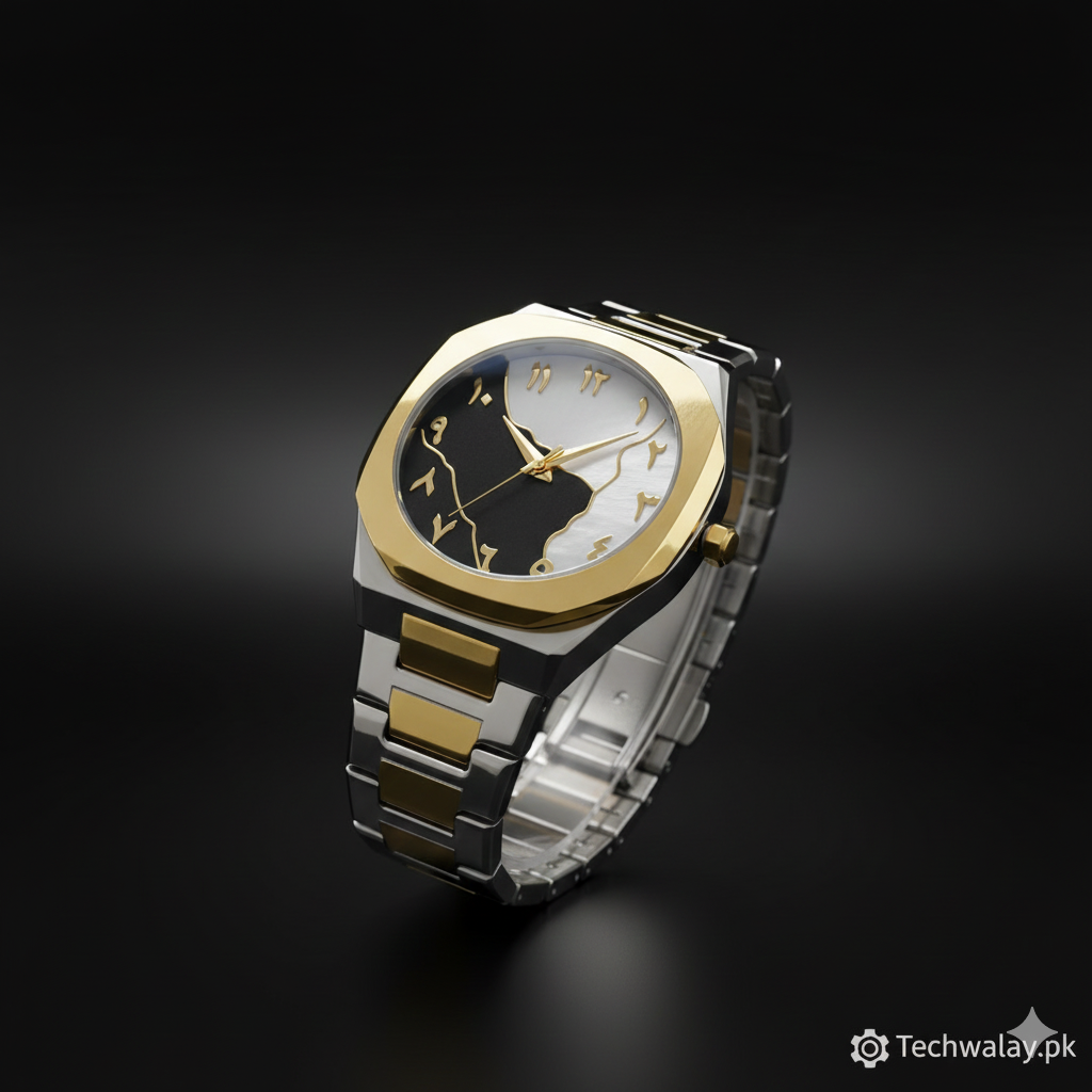 Aura Men’s Octagonal Wristwatch – Two-Tone Silver & Gold Bracelet with Eastern Arabic Numerals