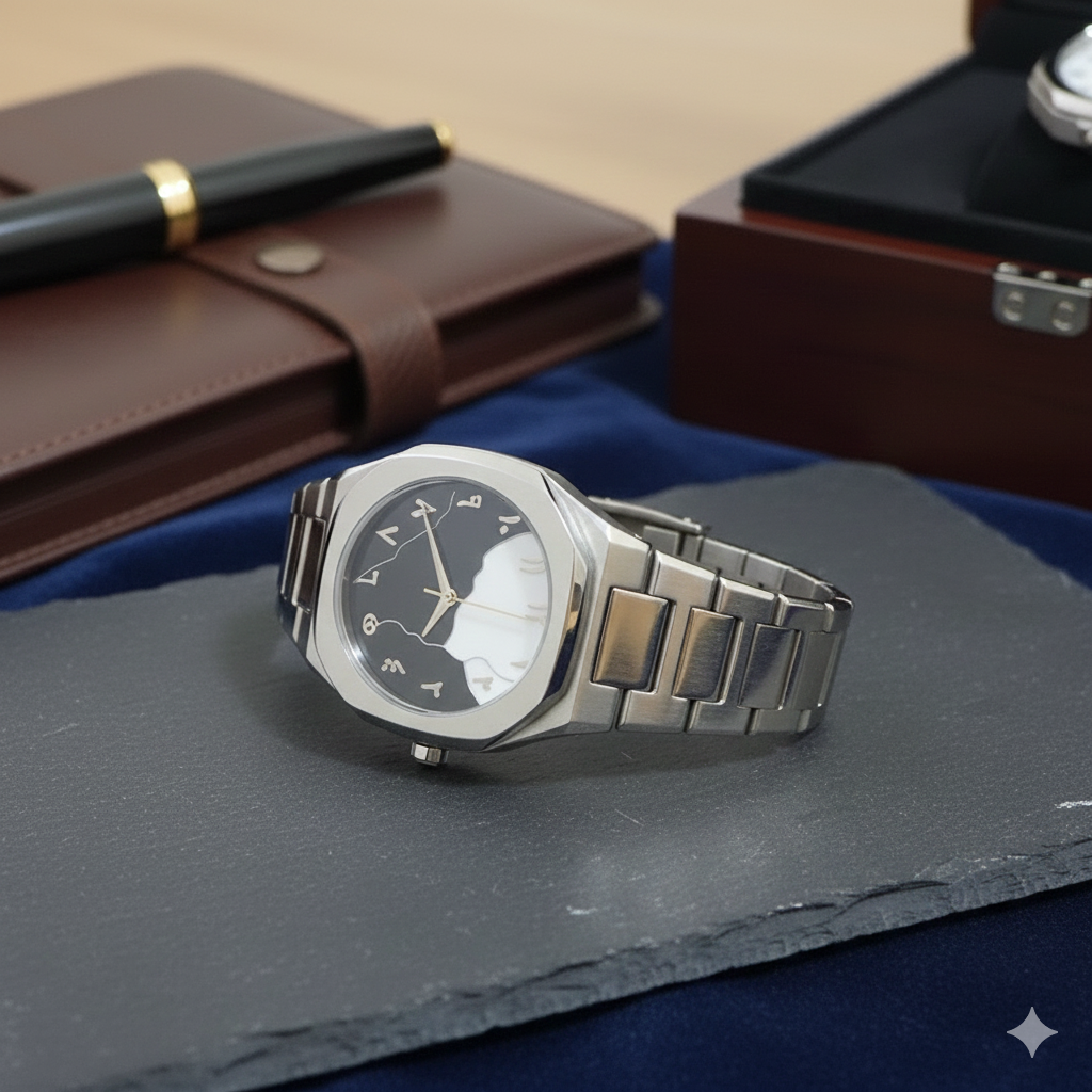 Aura Men’s Octagonal Wristwatch – Two-Tone Silver & Gold Bracelet with Eastern Arabic Numerals