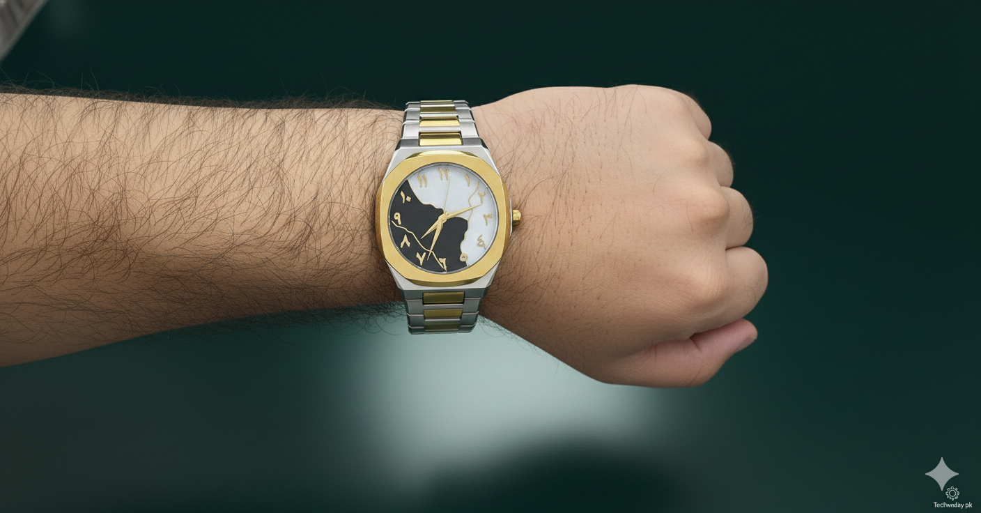 Aura Men’s Octagonal Wristwatch – Two-Tone Silver & Gold Bracelet with Eastern Arabic Numerals