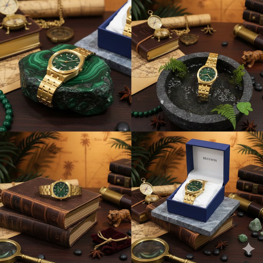 Bestwin Men’s Gold Stainless Steel Watch – Green Dial Quartz Timepiece