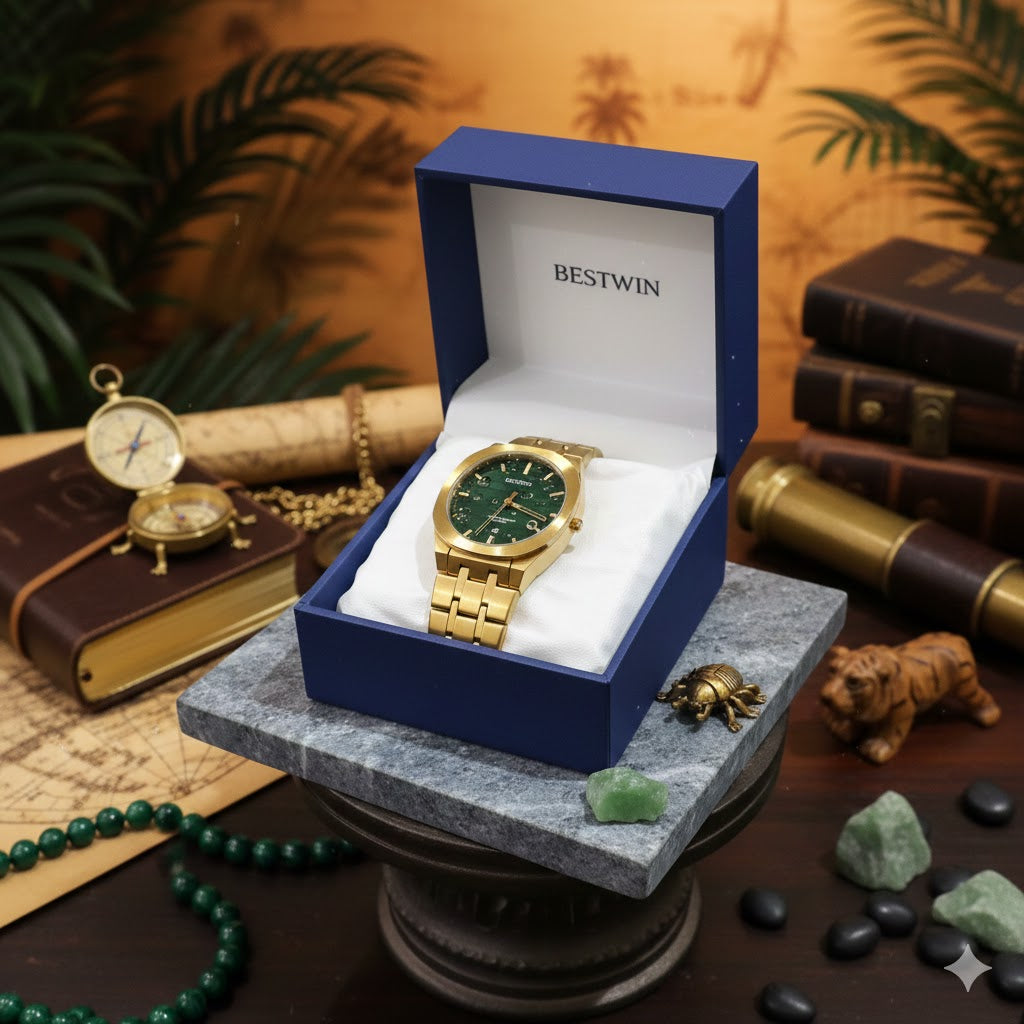 Bestwin Men’s Gold Stainless Steel Watch – Green Dial Quartz Timepiece