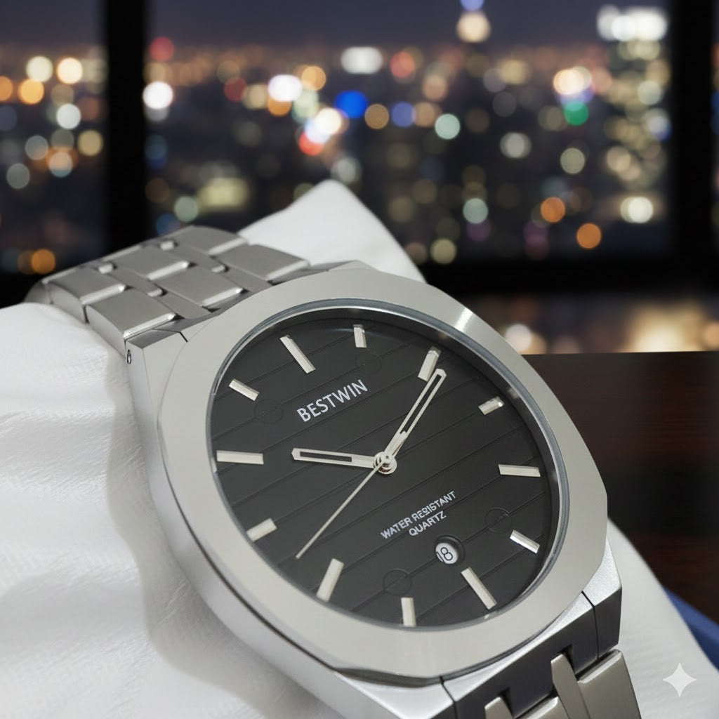 BESTWIN Men’s Stainless Steel Watch – Silver Bracelet, Black Dial, Quartz Movement