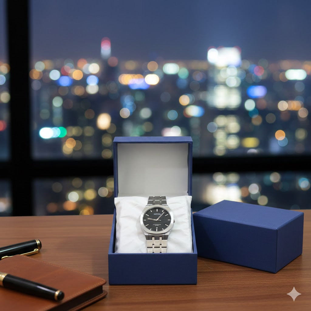 BESTWIN Men’s Stainless Steel Watch – Silver Bracelet, Black Dial, Quartz Movement