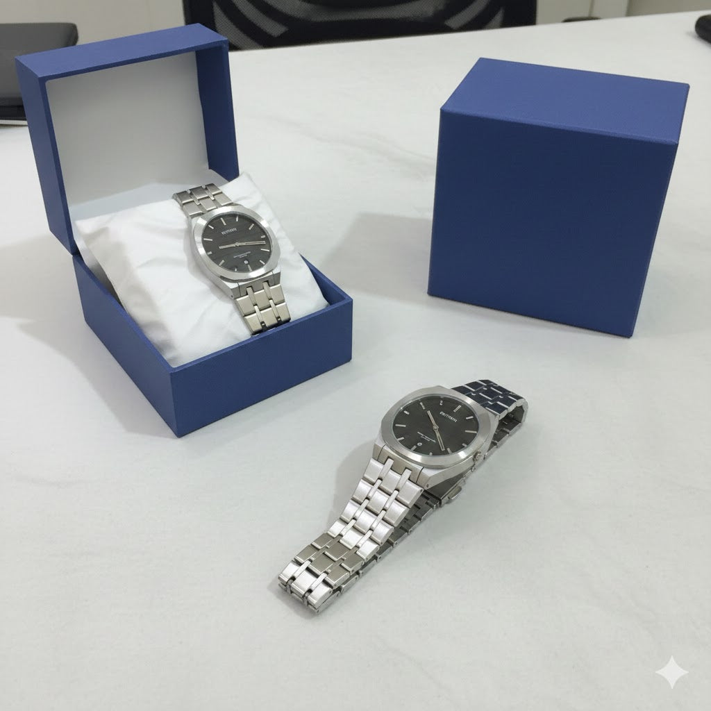 BESTWIN Men’s Stainless Steel Watch – Silver Bracelet, Black Dial, Quartz Movement