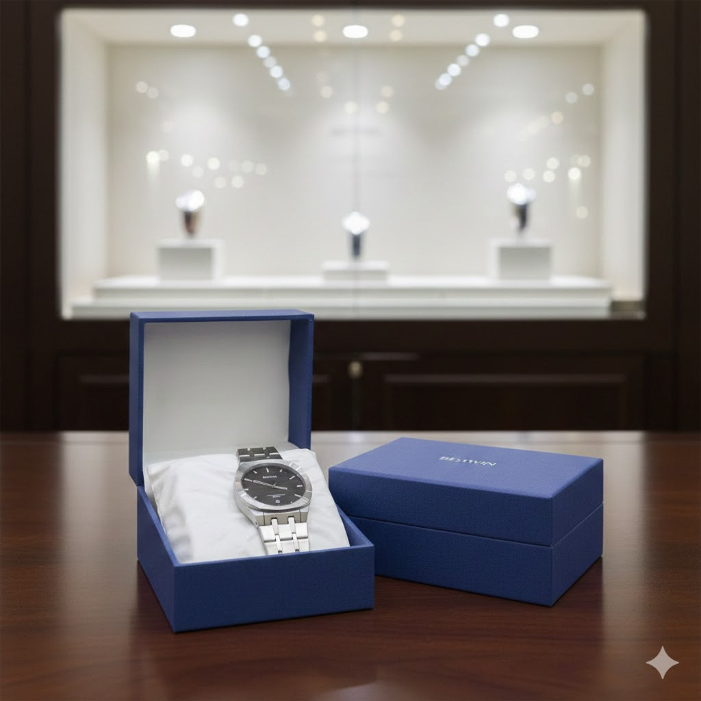 BESTWIN Men’s Stainless Steel Watch – Silver Bracelet, Black Dial, Quartz Movement